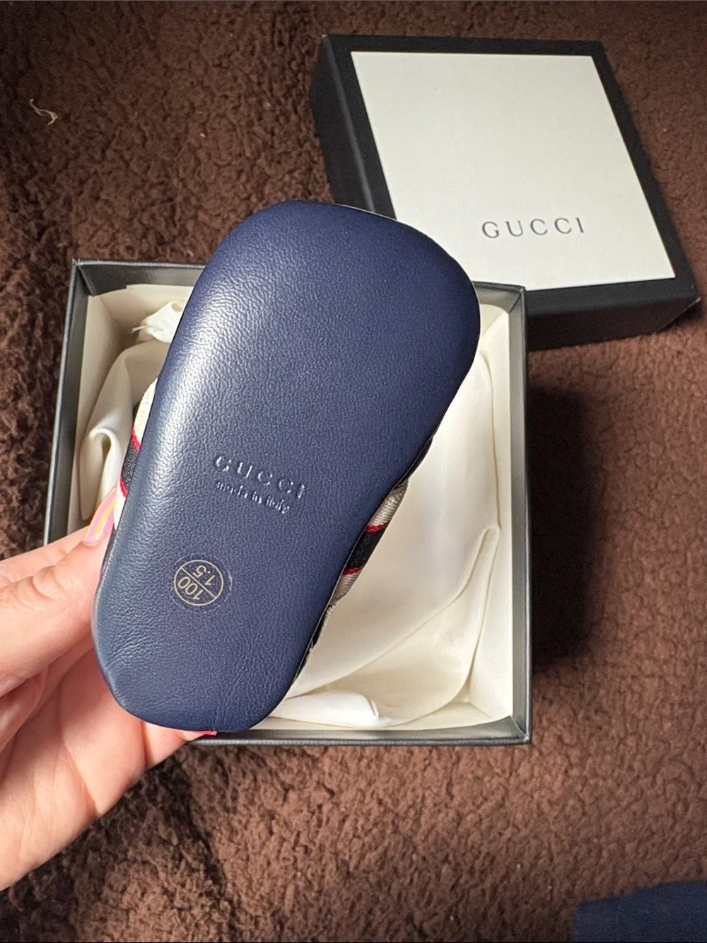 Gucci Navy Leather Baby Sneakers with Red and White Logo Strap